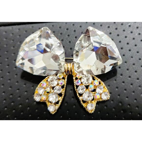 Brooch Clear Rhinestone Bow with Gold Trim - Picture 2 of 3